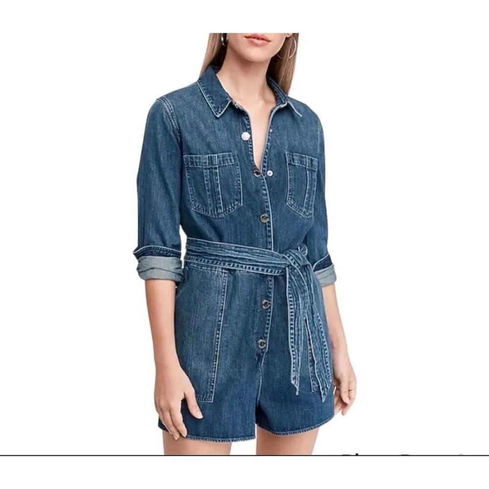 EXPRESS Denim Utility Romper Dress Belted MED Cotton